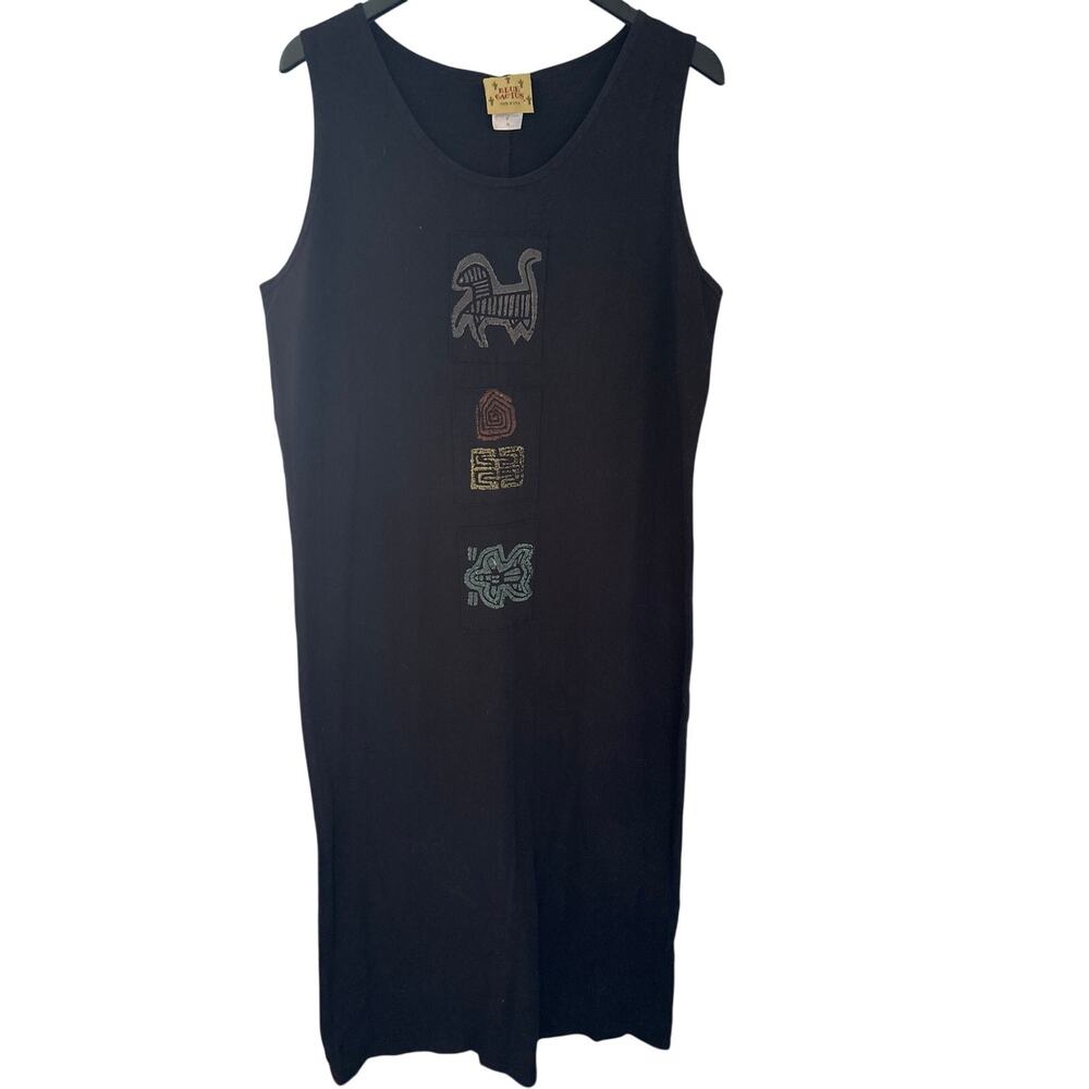 Blue Cactus Vintage 90s Sleeveless Cotton Maxi Tank Dress Tribal Art XL Black